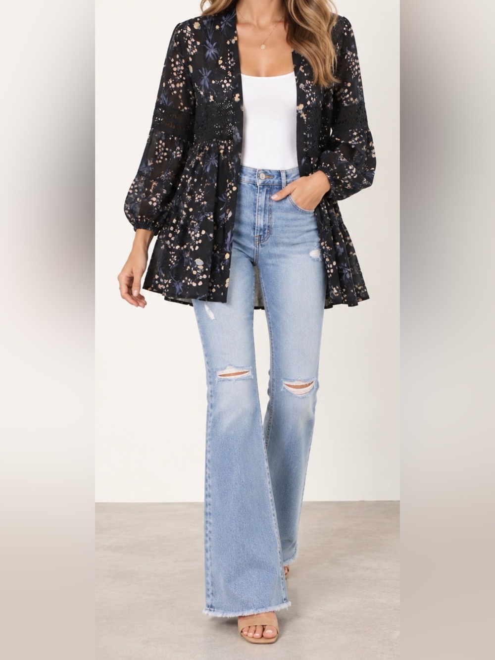 Easel Navy Floral Open Front Kimono Cardigan - Size S (oversized)